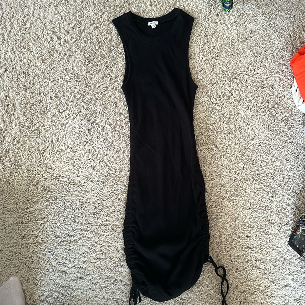 String tie black mini dress